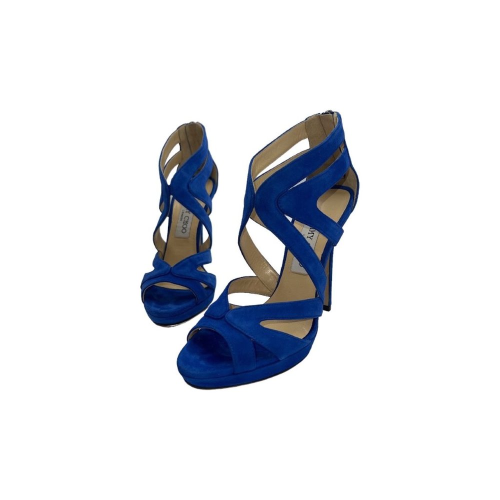 JIMMY CHOO Aegean Blue Suede Collar Sandal Heels - Sz. 35.5